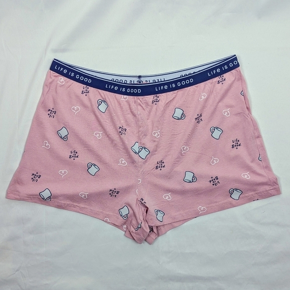 Life Is Good PJ Set Short Sleeve Top Shorts Peace & Love Coffee Grey Pink L NWT - Picture 8 of 12